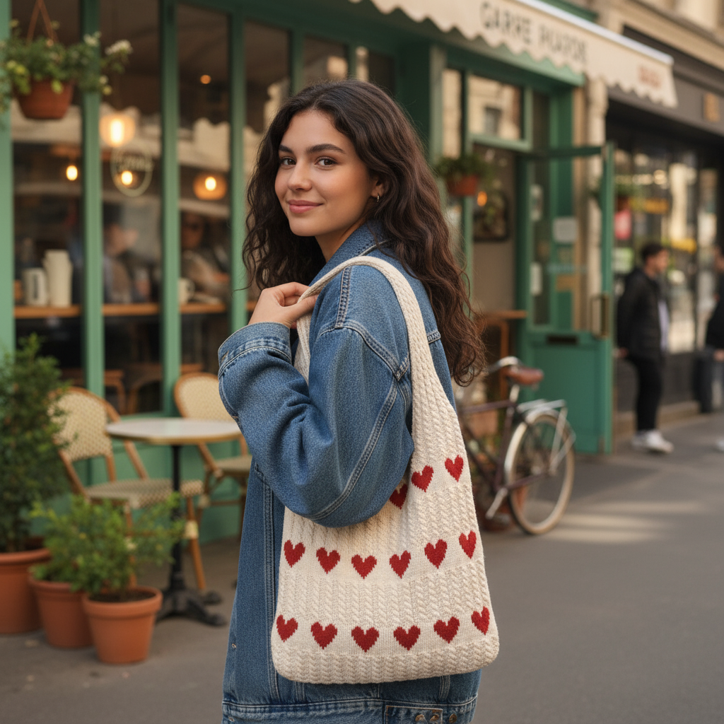 Knitted Heart Tote Bag
